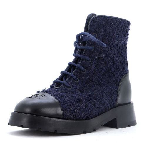 Women's Chain CC Cap Toe Lace Up Combat Boots Tweed and Leather