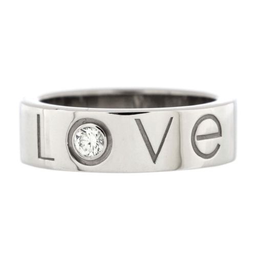 Engraved Love Band 1 Diamond Ring 18K White Gold and Diamond