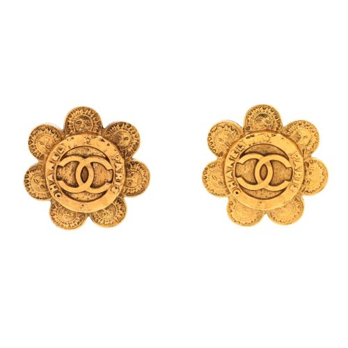 Vintage CC Flower Clip-On Earrings Textured Metal