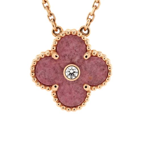 Vintage Alhambra Pendant Necklace 18K Rose Gold and Rhodonite with Diamond