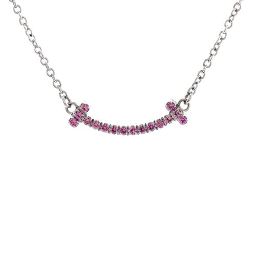 T Smile Pendant Necklace 18K White Gold with Pink Sapphires Mini