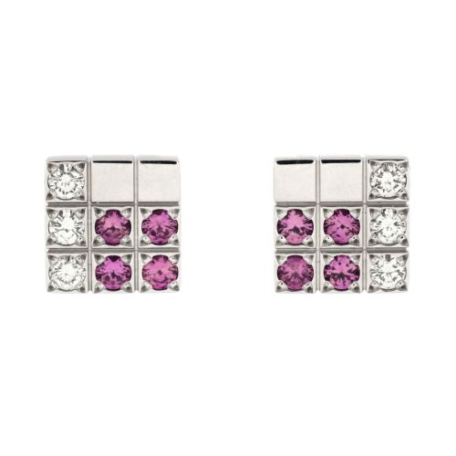 Lanieres Piet Stud Earrings 18K White Gold with Diamond and Pink Sapphires