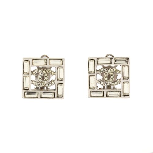 CC Square Clip On Earrings Metal and Crystals