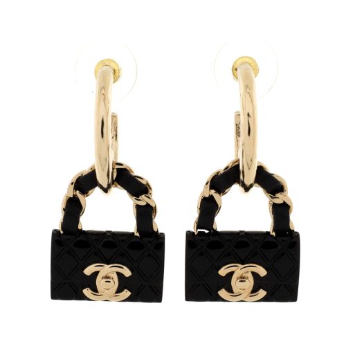 Turnlock Flap Bag Dangle Hoop Earrings Resin with Metal and Leather