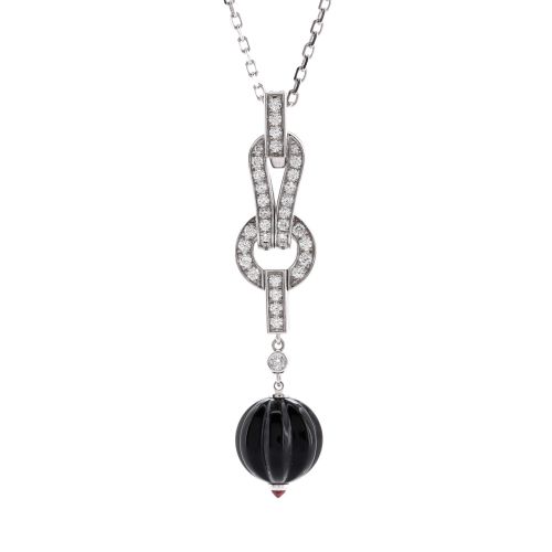 Agrafe Drop Pendant Necklace 18K White Gold with Diamonds, Onyx, and Rubelite