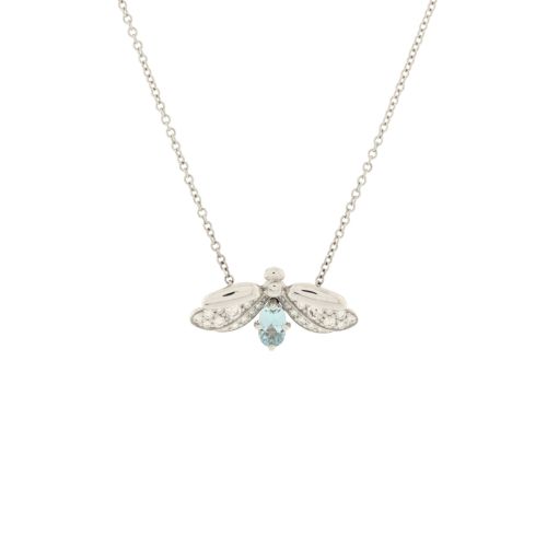 Paper Flowers Firefly Pendant Necklace Platinum with Diamonds and Aquamarine Small