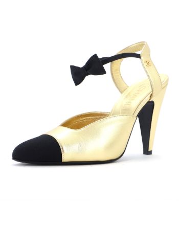 Women's Cap Toe Bow Slingback Pumps Laminated Lambskin with Grosgrain