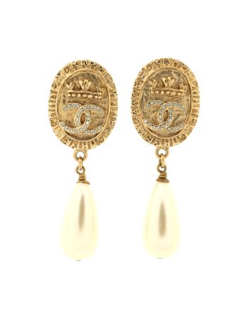 Regal Crown CC Drop Earrings Metal and Faux Pearls with Crystals